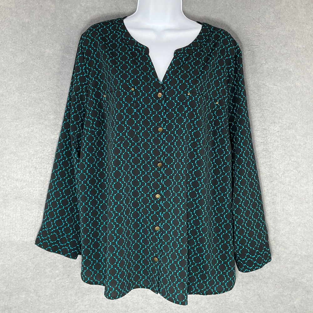 Catherines Petite Blouse Sz 1X Teal‎ Black Geometric Button Up Long Sleeve